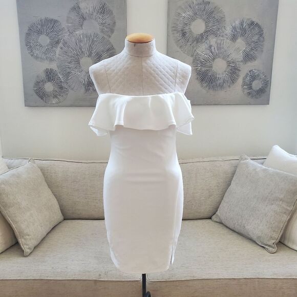 🌹 SEQUIN HEARTS 🌹 Ruffle Scuba Crepe Bodycon Dress - [Size 5, Ivory] - Picture 1 of 12